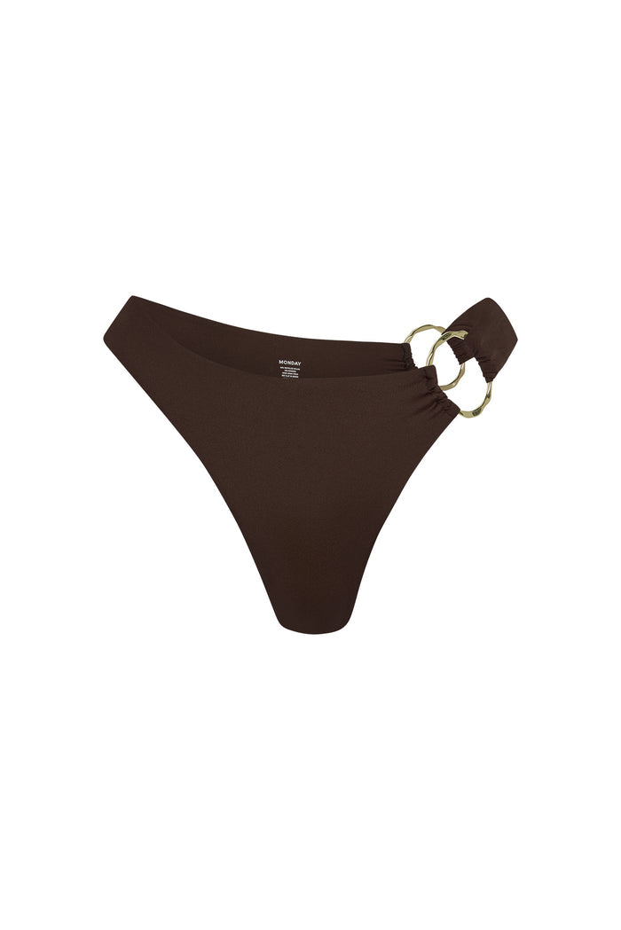 Front view of Bari bottom in espresso showing high-cut V front and gold double-ring side hardware on white background