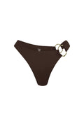 Front view of Bari bottom in espresso showing high-cut V front and gold double-ring side hardware on white background