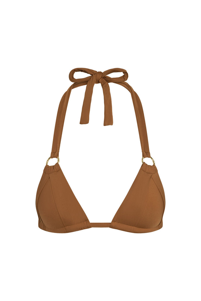 Front view of Bari Top in Caramel showcasing pleated cups halter neck tie and gold ring details on white background