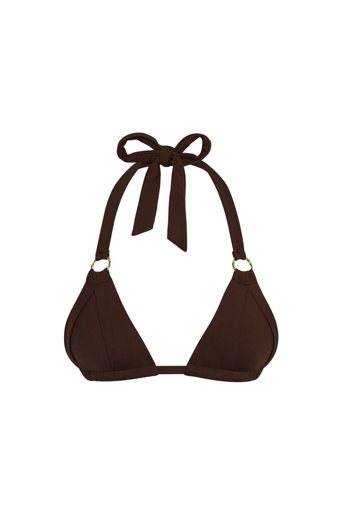 Front of Bari Top in espresso showing halter tie, gold ring accents, and pleated cups on white background