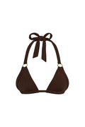 Front of Bari Top in espresso showing halter tie, gold ring accents, and pleated cups on white background