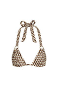 Front view of Bari Top Husk Geo with triangle halter cups, brown geometric print, tie neck straps and gold rings