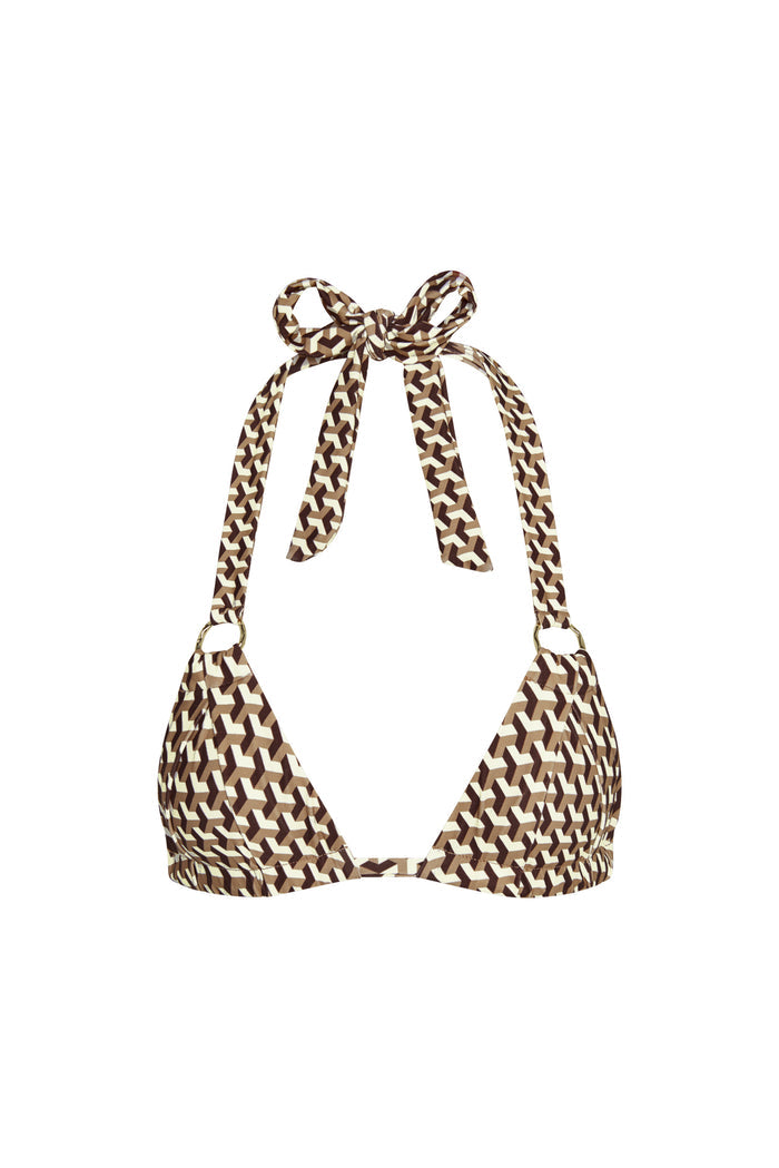 Front view of Bari Top Husk Geo with triangle halter cups, brown geometric print, tie neck straps and gold rings