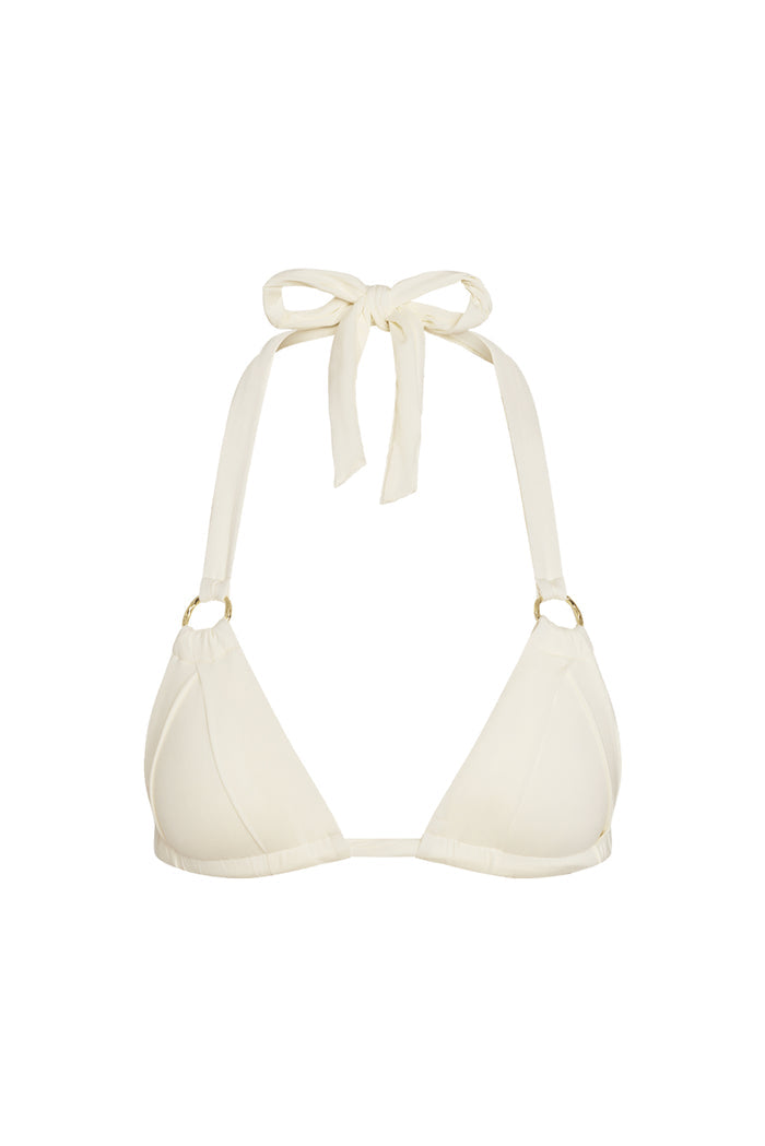 Front view of Bari Top in ivory showcasing ruched triangle cups, gold ring hardware and tied halter straps on white background