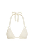 Front view of Bari Top in ivory showcasing ruched triangle cups, gold ring hardware and tied halter straps on white background