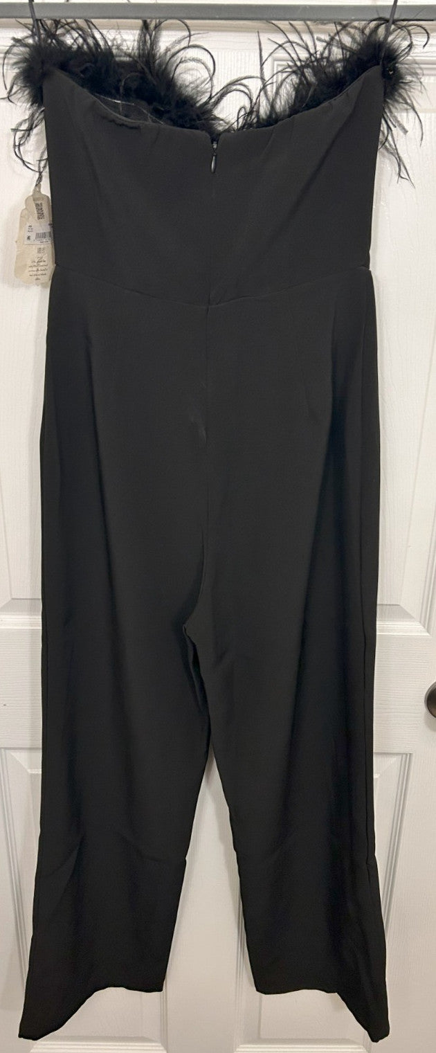 Beautiful Elegant Black Feather-Trim Strapless Jumpsuit