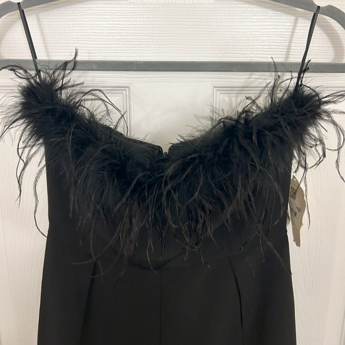 Beautiful Elegant Black Feather-Trim Strapless Jumpsuit