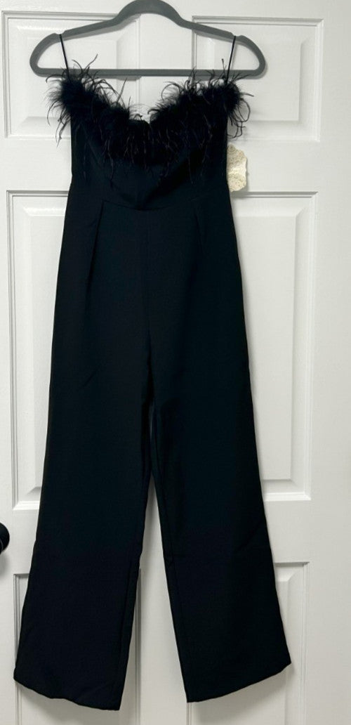 Beautiful Elegant Black Feather-Trim Strapless Jumpsuit