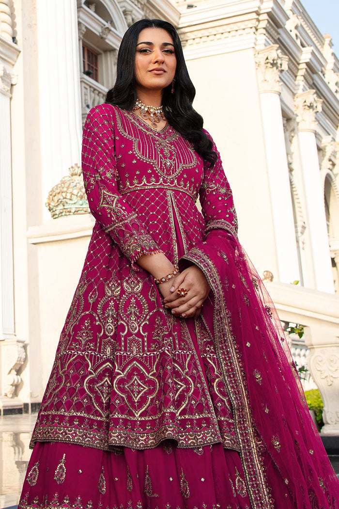 Detailed image focusing on Behnaam’s sequin-fringe hangings from sleeves and neckline, enhancing pink georgette opulence.