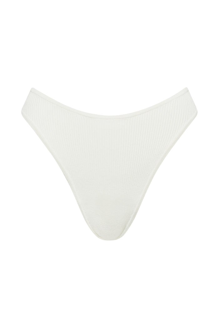 Front view of Bel Air Knitwear Bottom in white rib showing high-cut V front and ribbed knit texture on white background