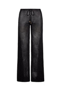 Front view of Belize Knit Pant in black lace crochet showing open knit sheer fabric and drawstring waist on white background
