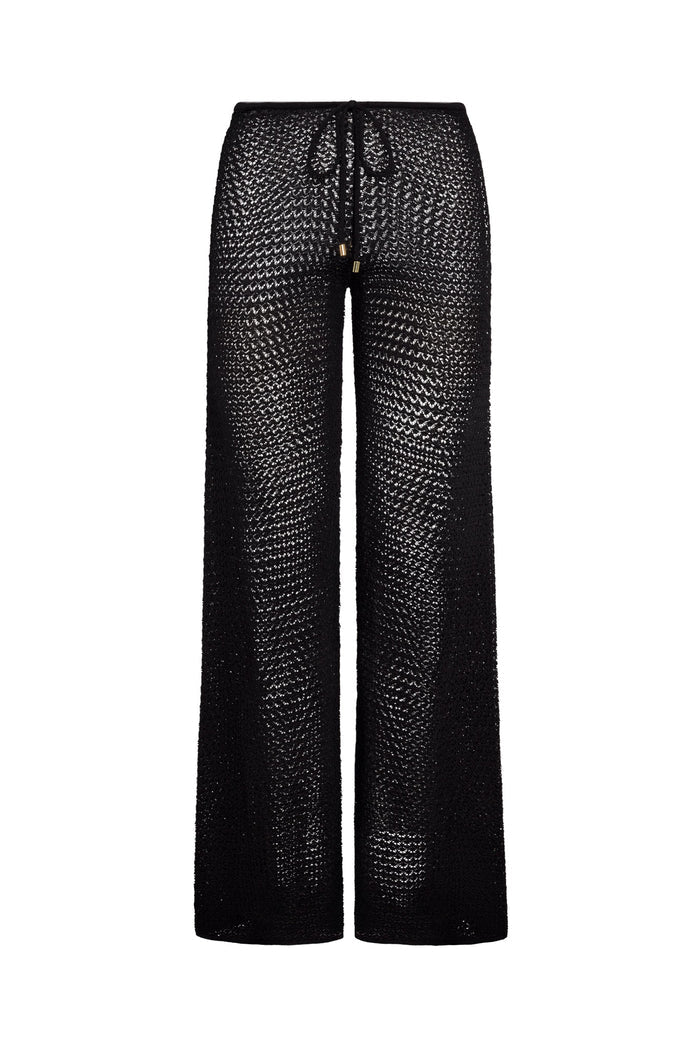 Front view of Belize Knit Pant in black lace crochet showing open knit sheer fabric and drawstring waist on white background