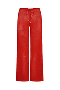 Front view of Belize Knit Pant in Chili Pepper showing open knit crochet, drawstring waist, sheer fabric on white background