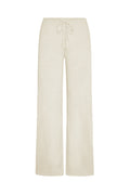 Front view of Belize knit pant in ivory lace crochet, wide-leg silhouette with drawstring waist on white background