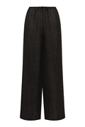 Black wide-leg linen pants with elastic drawstring waistband, front view on white background.
