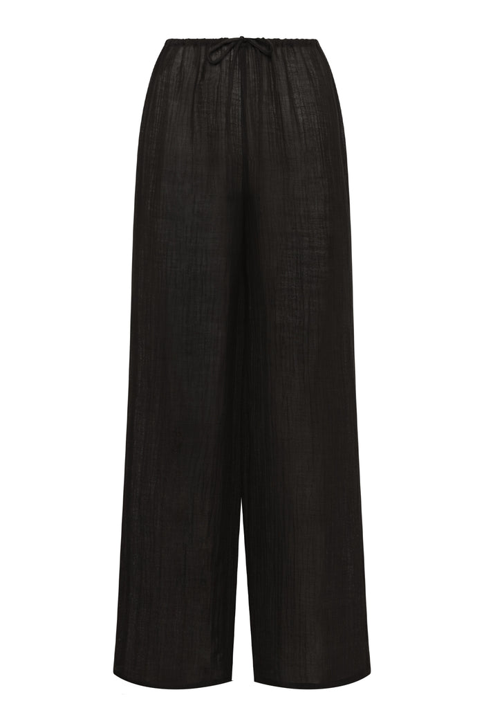 Black wide-leg linen pants with elastic drawstring waistband, front view on white background.