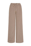 Front view of Belize Pant in Husk Geo Silk; brown-and-cream geo print, wide-leg, drawstring waist on white background