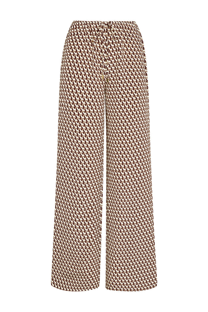 Front view of Belize Pant in Husk Geo Silk; brown-and-cream geo print, wide-leg, drawstring waist on white background
