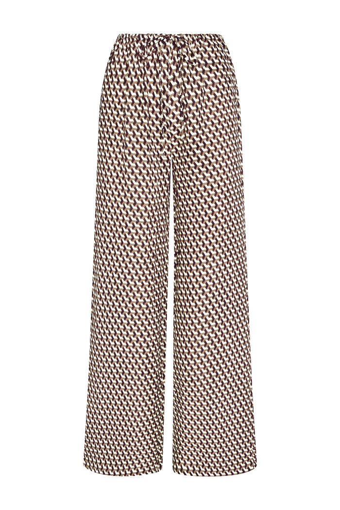 Front view of Belize Pant in Husk Geo print showcasing wide-leg fit and drawstring elastic waist on white background