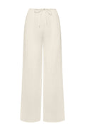 Front view of Belize Pant in ivory crinkle linen, wide-leg with drawstring waist and full-length relaxed fit