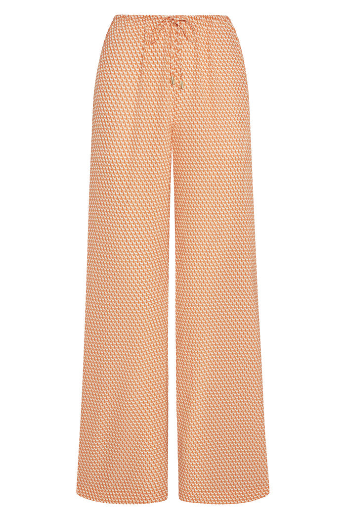 Front view of Belize Pant Micro Geo Silk showcasing peach micro-geo print, drawstring waist and wide-leg on white background