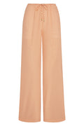 Front view of Belize Pant Micro Geo Silk showcasing peach micro-geo print, drawstring waist and wide-leg on white background