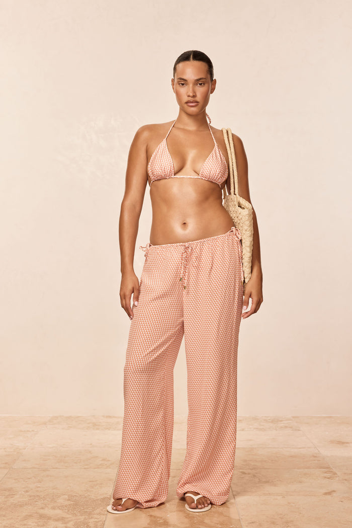 Front view of Belize pant Micro Geo Silk showing wide-leg fit in peach micro-geo print on neutral background