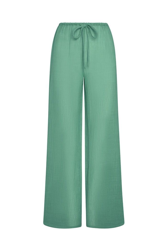 Front view of Belize pant in pond crinkle linen showing elastic drawstring waist and wide-leg silhouette on white background
