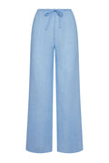 Front view of Belize Pant in Sky Crinkle linen with wide-leg silhouette and adjustable drawstring waist on white