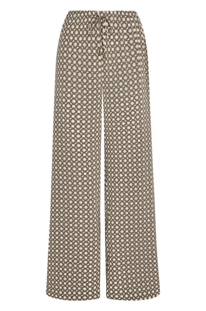 Front view of Belize Pant in Tile Geo Silk showing wide-leg silhouette, brown and cream geometric print, drawstring waist on white background