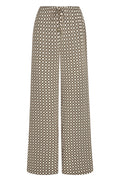 Front view of Belize Pant in Tile Geo Silk showing wide-leg silhouette, brown and cream geometric print, drawstring waist on white background
