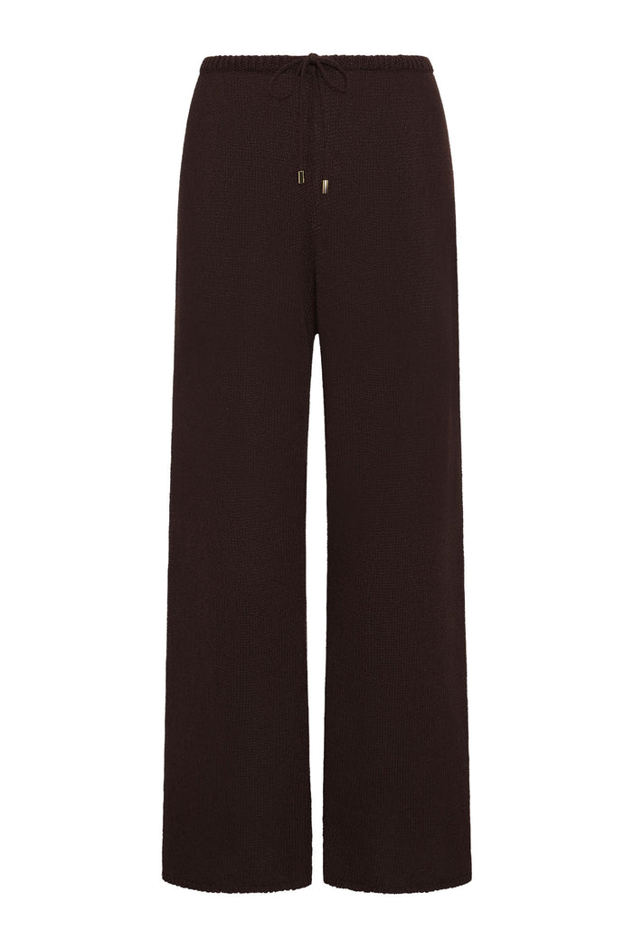 Brown knit wide-leg pants with elastic drawstring waist, full length