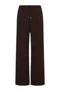 Brown knit wide-leg pants with elastic drawstring waist, full length