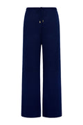 Navy wide-leg knit pants with elastic drawstring waist and gold-tipped cords
