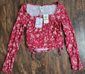 Belle Du Jour Women's Cropped Ribbed Long Sleeve Shirt Top Floral, Small