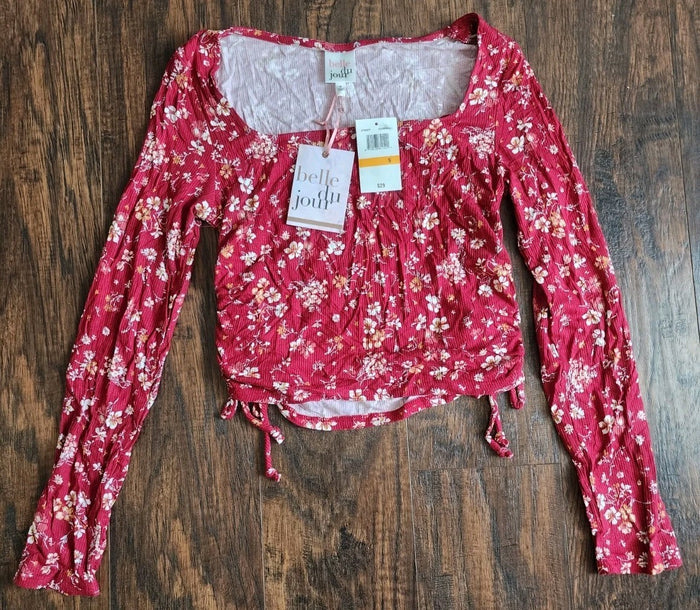 Belle Du Jour Women's Cropped Ribbed Long Sleeve Shirt Top Floral, Small