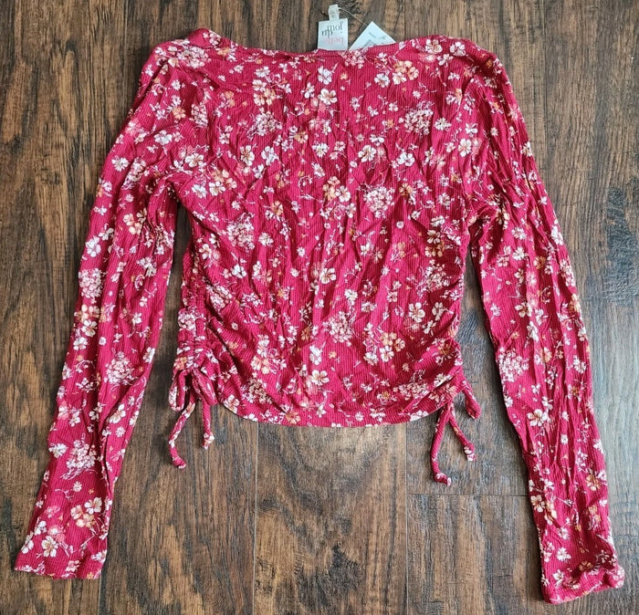 Belle Du Jour Women's Cropped Ribbed Long Sleeve Shirt Top Floral, Small
