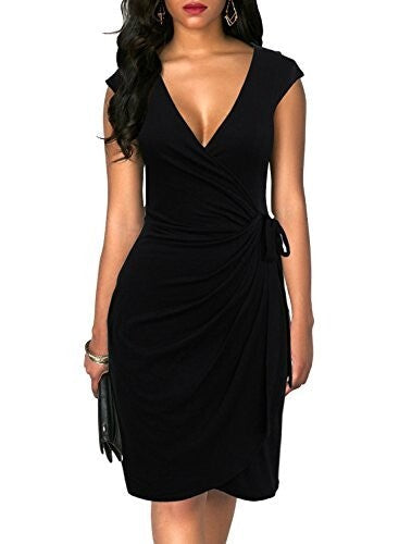 Berydress Womens V-Neck Cap Sleeve Sheath Casual Party Work Wrap Dress, Black