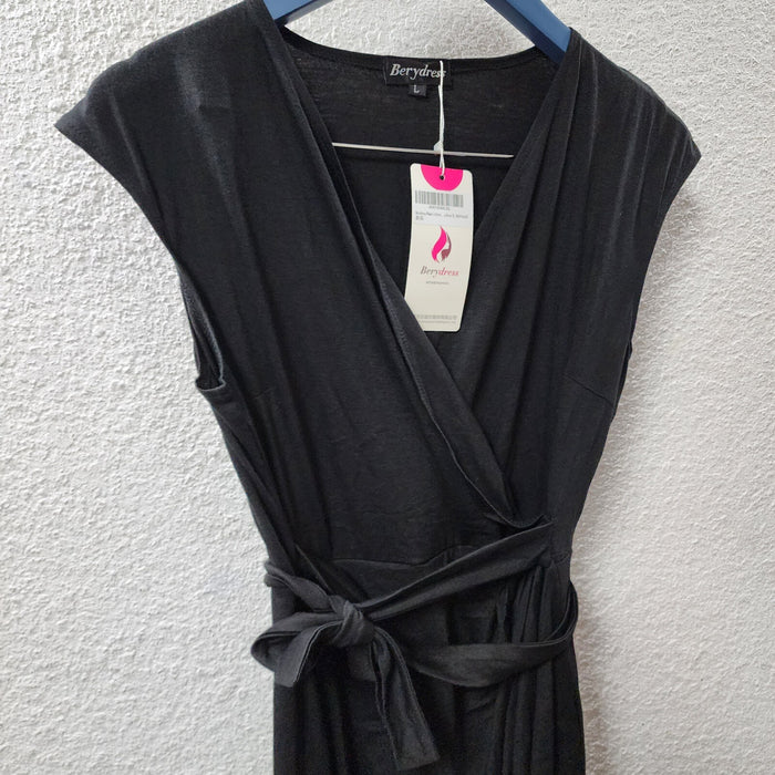 Berydress Womens V-Neck Cap Sleeve Sheath Casual Party Work Wrap Dress, Black