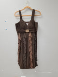 Betsy & Adam Y2k Brown Ruffle & Rhinestone Buckle Party Dress Women's