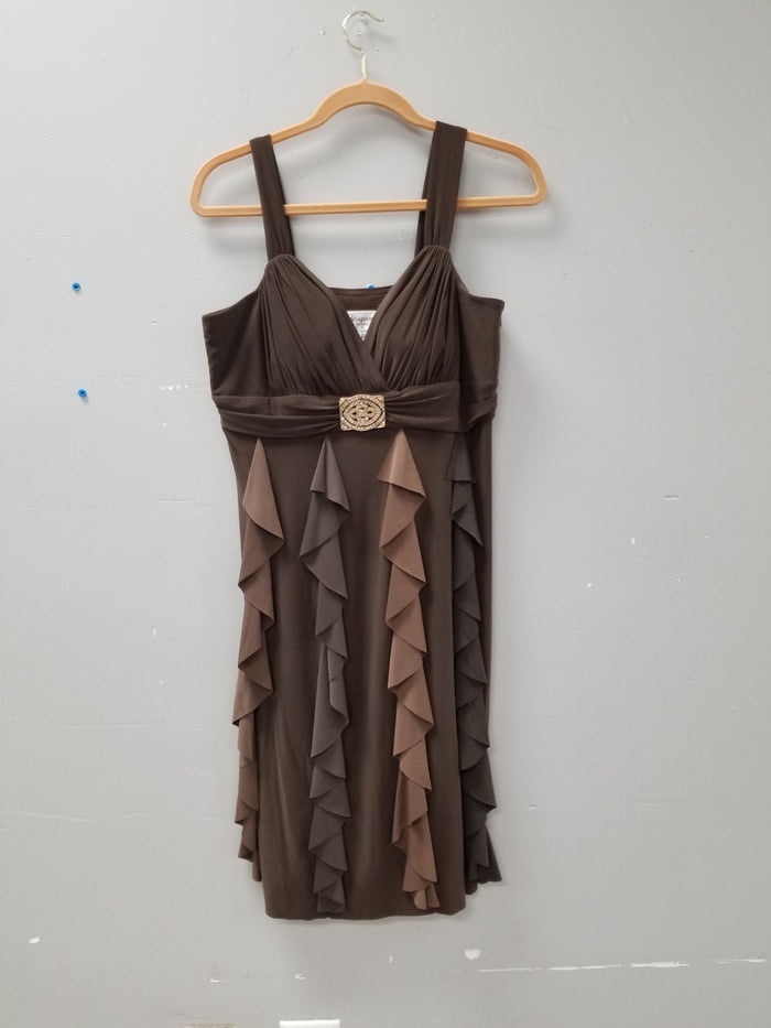 Betsy & Adam Y2k Brown Ruffle & Rhinestone Buckle Party Dress Women's