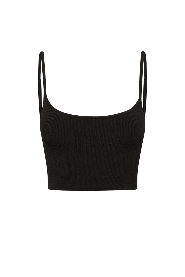 Black ribbed crop top with thin adjustable spaghetti straps, front view on white background.