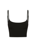 Black ribbed crop top with thin adjustable spaghetti straps, front view on white background.
