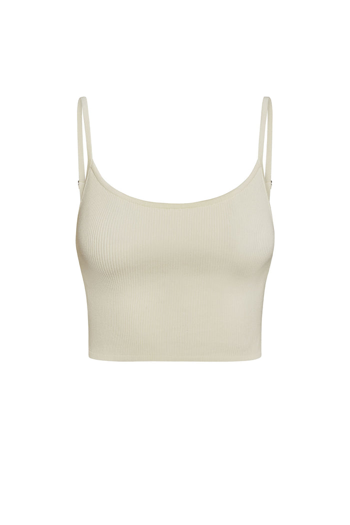 Front of Beverly Hills Knitwear Top in ivory rib, ribbed cropped cami with scoop neckline and adjustable straps