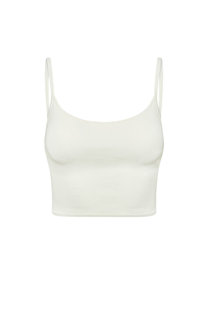 White ribbed cropped camisole with thin spaghetti straps, front view