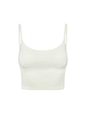 White ribbed cropped camisole with thin spaghetti straps, front view
