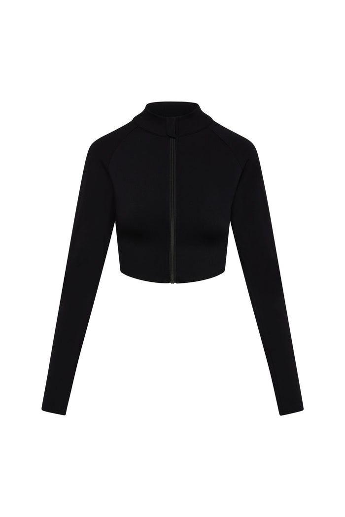 Black cropped long-sleeve zip jacket with front zipper and mock neck, shown on white background