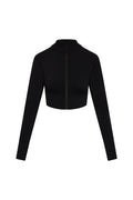 Black cropped long-sleeve zip jacket with front zipper and mock neck, shown on white background
