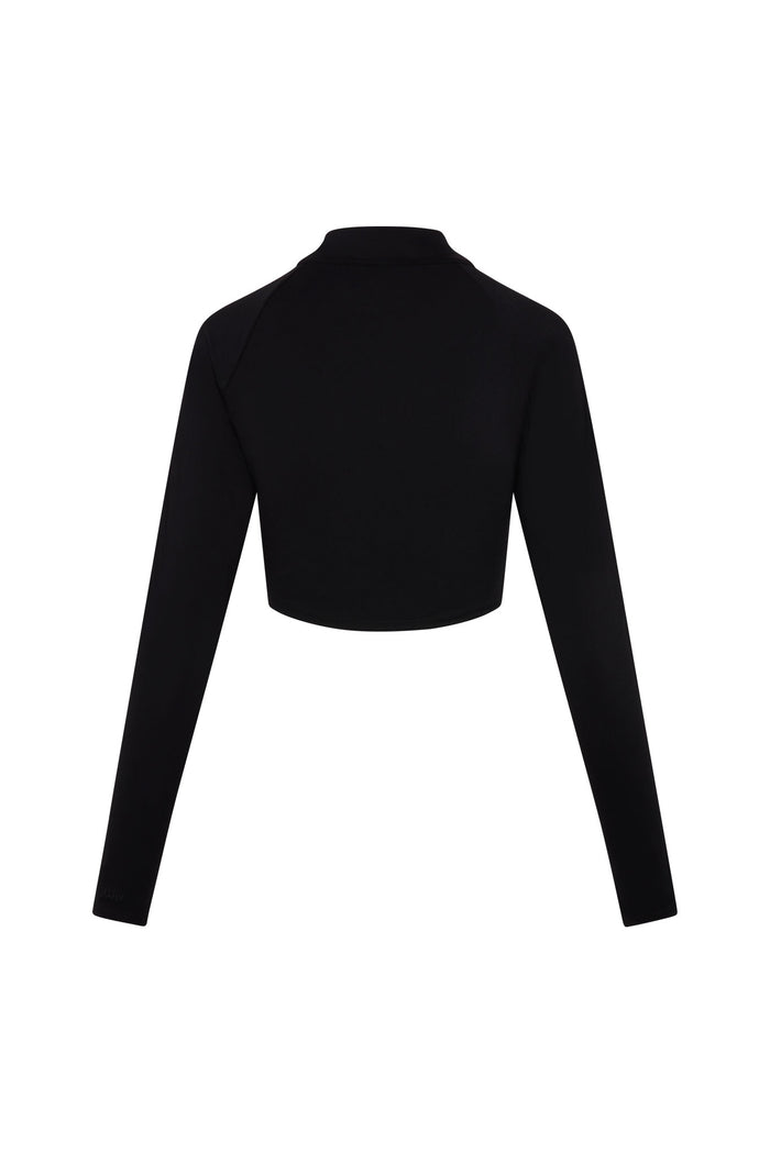 Back view of a cropped black long-sleeve top with mock neck and raglan sleeves.