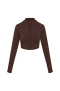 Brown cropped long-sleeve zip-up jacket with mock neck and center-front zipper